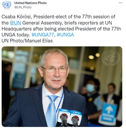 Hungarian Diplomat Csaba Korosi Elected New President Of UN General Assembly