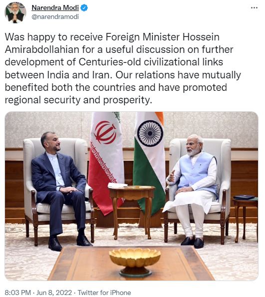 PM Modi meets Iranian Foreign Minister Hossein Amir-Abdollahian