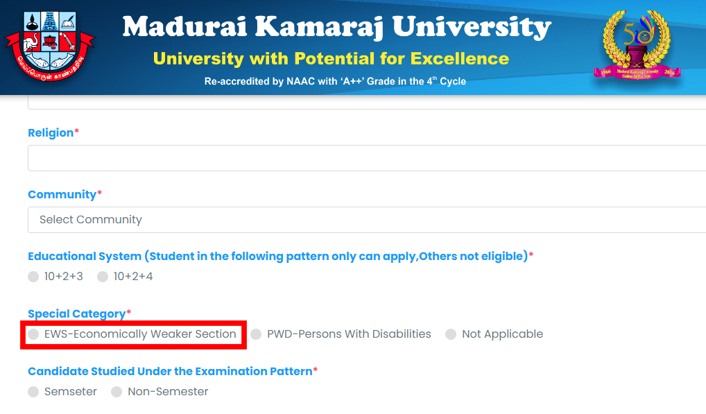 EWS Reservation in Msc Bio technology in in Madurai Kamaraj University