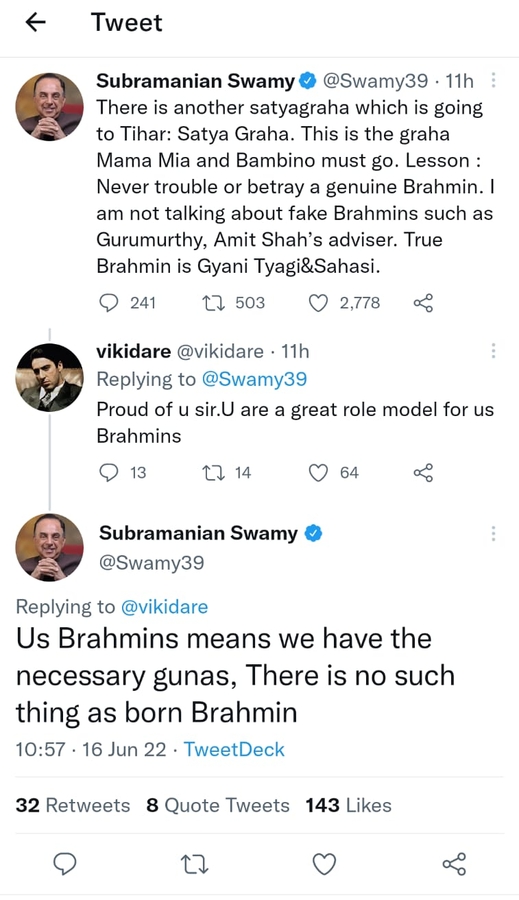 ஆடிட்டர் குருமூர்த்தி ஒரு போலி பிராமணர் - சுப்பிரமணிய சுவாமி ட்வீட்