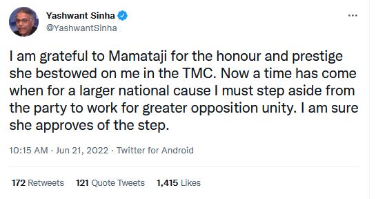 i-must-quit-from-the-party-for-greater-opposition-unity-tmc-vice-president-yashwant-sinha