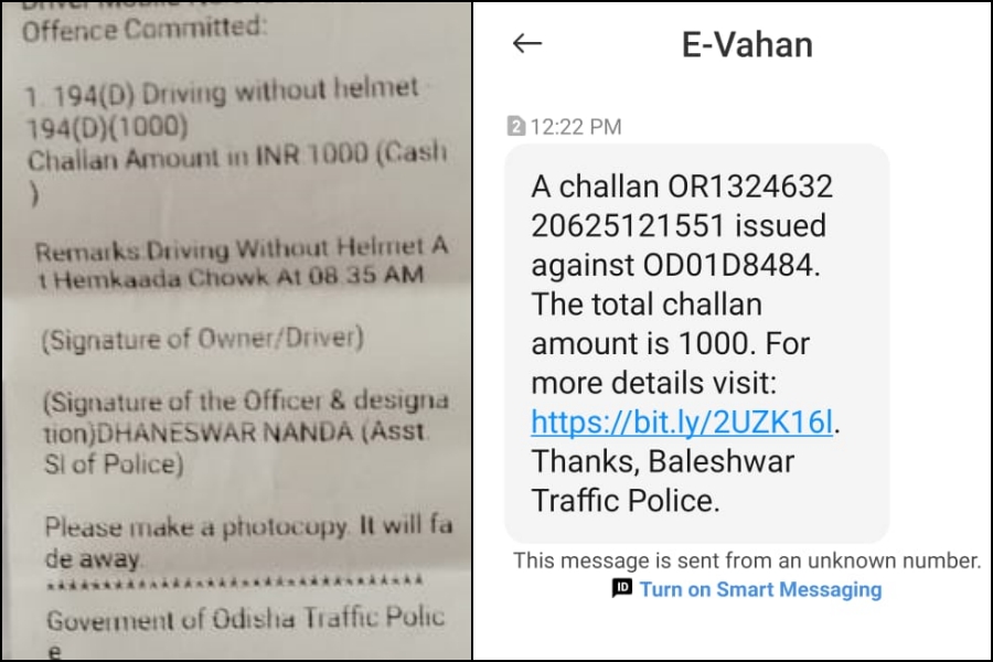 Odisha Minister  MLA fined for violating traffic rules  ഒഡിഷയില്‍ ഹെല്‍മറ്റില്ലാതെ ബൈക്ക് സവാരിയുമായി മന്ത്രിയും എംഎല്‍എയും  ഹെല്‍മറ്റില്ലാതെ ബൈക്ക് ഓടിച്ചതിന് ഒഡിഷയില്‍ മന്ത്രിക്കെതിരെ ആയിരം പിഴയിട്ട് ട്രാഫിക് പൊലീസ്  Balasore Traffic police today imposed a fine on School and Mass Education Minister S  Balasore Traffic police  School and Mass Education Minister Samir Ranjan Dash