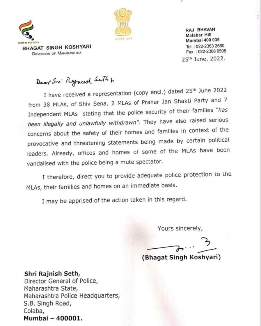 Bhagat Singh Koshyari writes state DGP