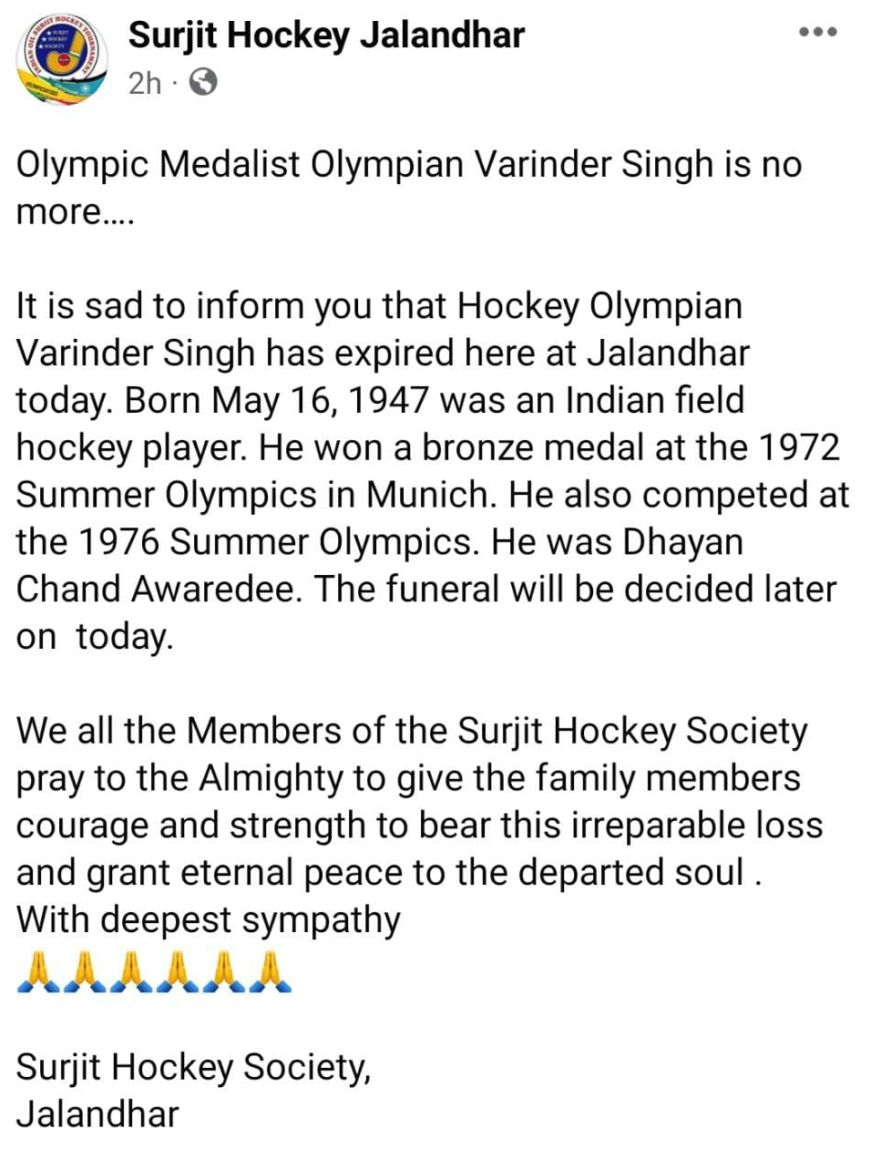 Olympic hockey player Varinder Singh passes away