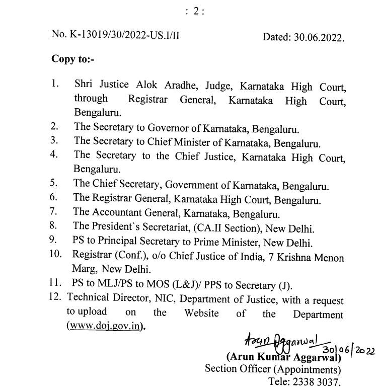 Justice Alok Aradhe appointed as the acting chief justice of the High Court