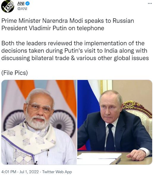 PM Modi speaks to Putin