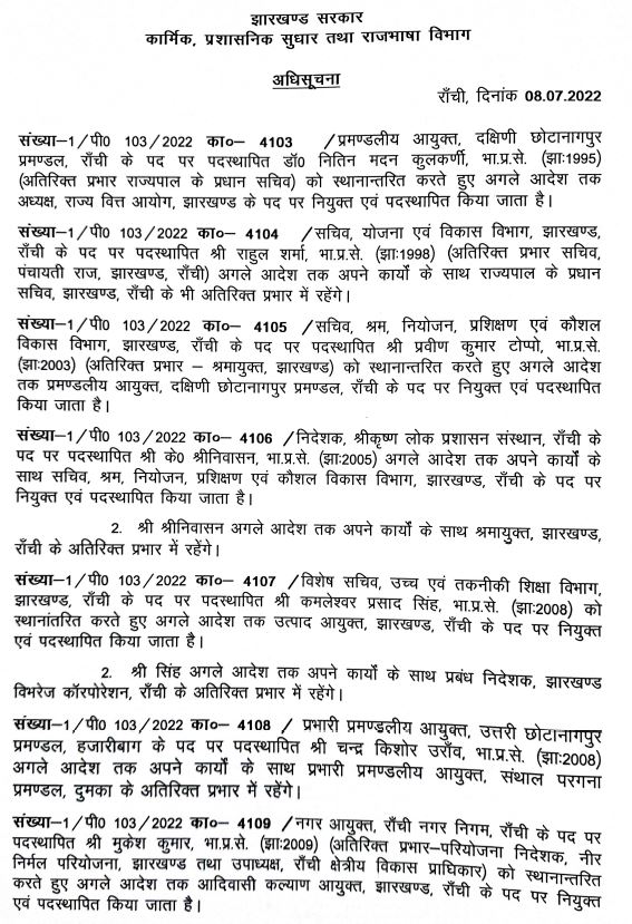 Transfer posting of IAS officers in Jharkhand Rahul Sinha appointed as DC of Ranchi