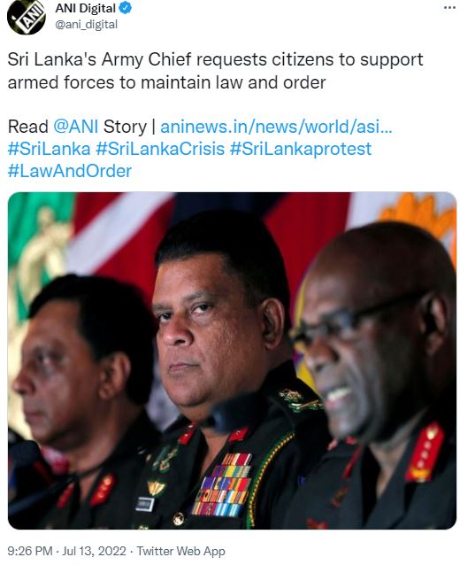 Sri Lankan army chief appeals to citizens to maintain law and order