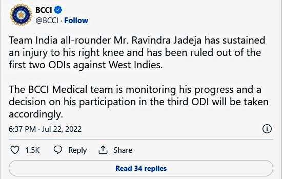 Ravindra Jadeja Out Of Two ODI Matches