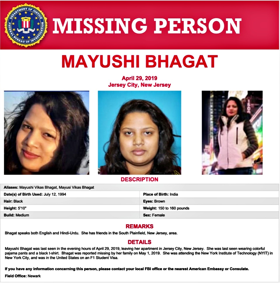 Indan girl Mayushi Bhagat  missing from New Jersey for 3 years  FBI hit name in missing list  भारतीय महिला  भारतीय महिला 3 साल से लापता  FBI  गुमशुदा  संघीय जांच ब्यूरो  मयुशी भगत  Mayushi Bhagat  FBI adds missing Indian woman to its Missing Persons list