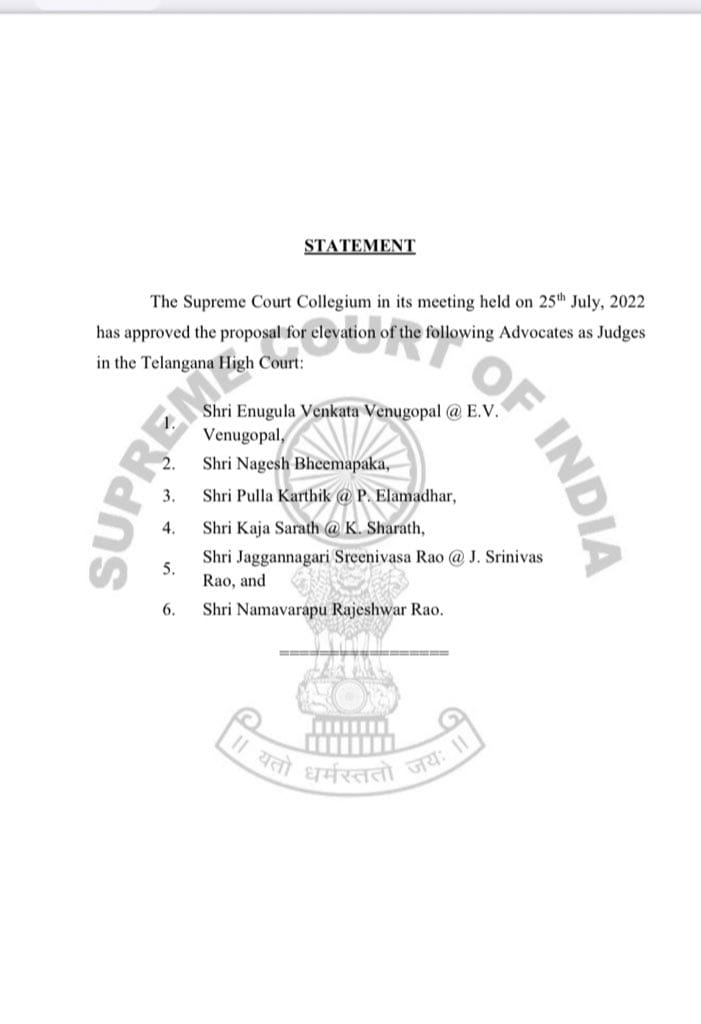 तेलंगाना उच्च न्यायालय में जज के रूप में अधिवक्ताओं की पदोन्नति की सिफारिश की