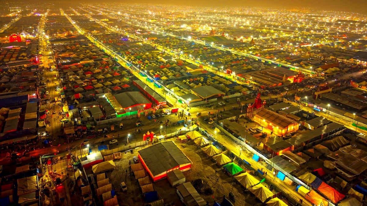 In this image released by UP CMO on Jan. 15, 2025, an aerial view of the ?Maha Kumbh Mela festival area, in Prayagraj, Uttar Pradesh.