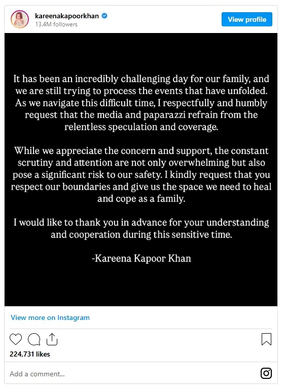 Wife of Saif Ali Khan Kareena Kapoor takes to Instagram