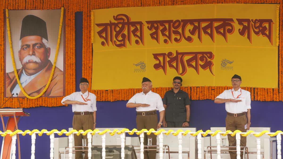 Mohan Bhagwat during a public meeting in Purba Bardhaman on Sunday.