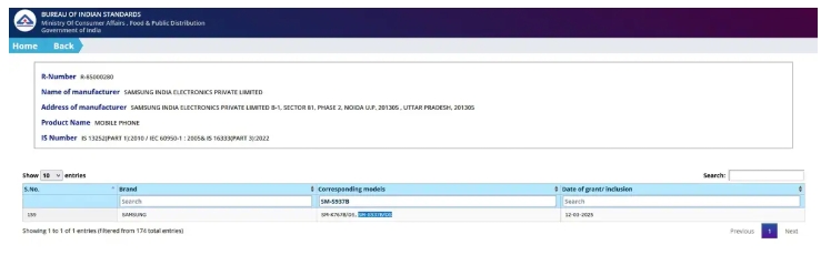 The purported Samsung Galaxy S25 Edge listing on the BIS website