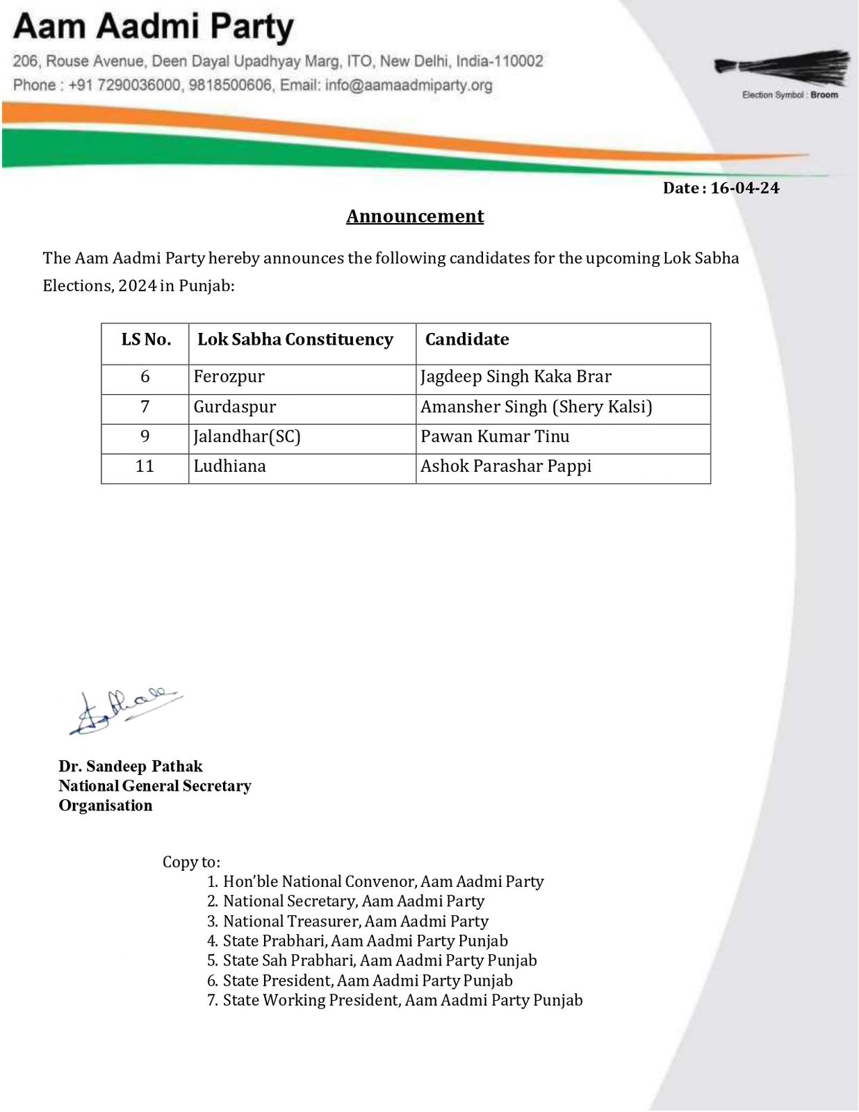 AAP Candidate List Loksabha Election 2024