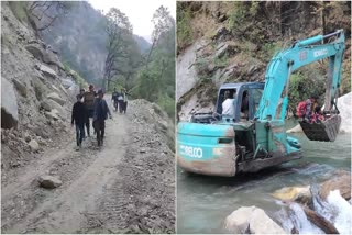 Pilang resident Pratap Singh Rana being taken by the villagers on a cot (L) and helped by a bulldozer to cross the village river in Uttarkashi, Uttarakhand