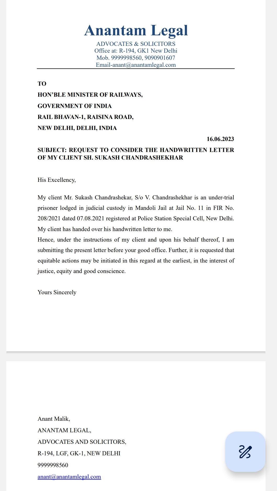 ರೈಲ್ವೆ ಸಚಿವರಿಗೆ ಸುಕೇಶ್ ಚಂದ್ರಶೇಖರ್ ಪರ ವಕೀಲರು ಬರೆದ ಪತ್ರ