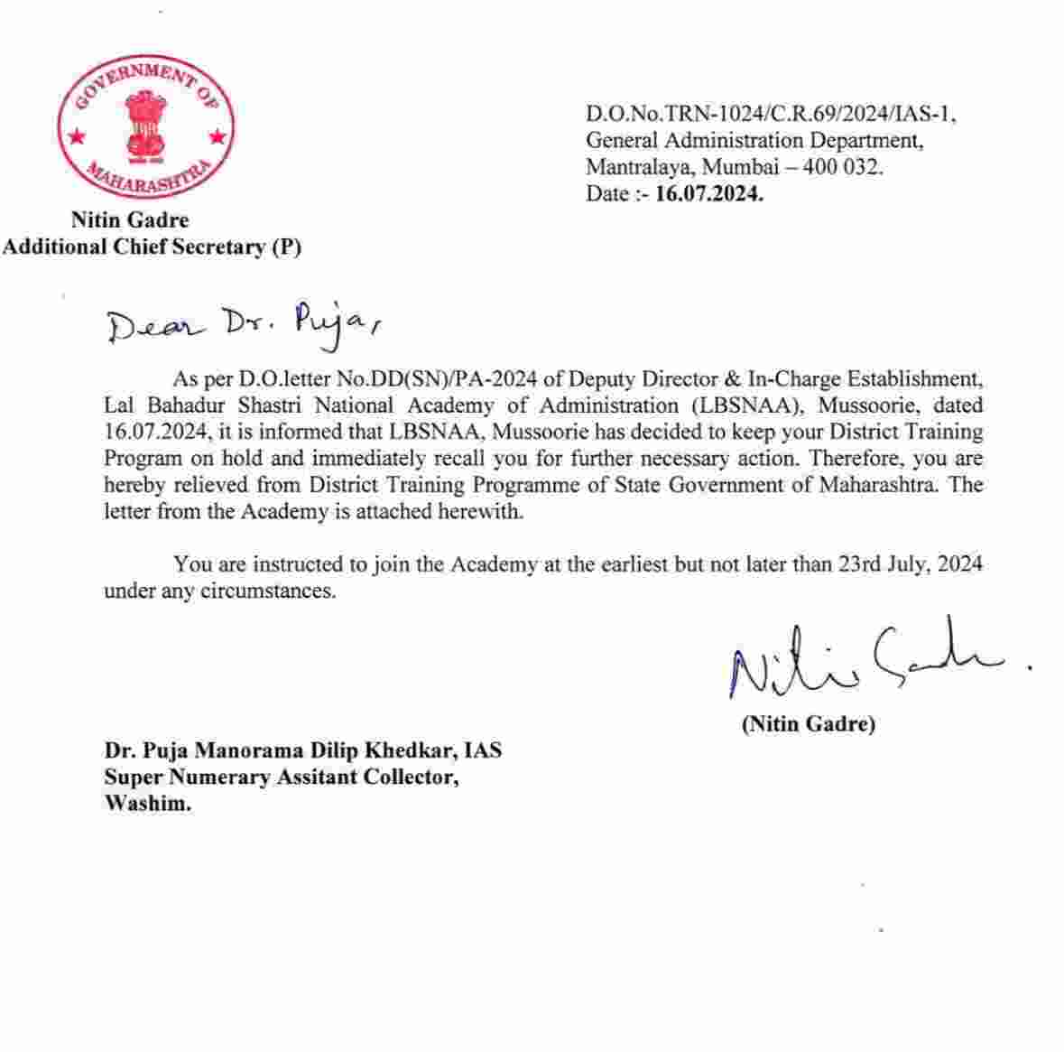 Letter sent to Pooja Khedkar