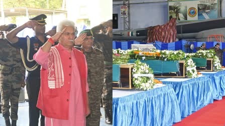 Jammu and Kashmir LG Manoj Sinha (L) pays tribute to four soldiers killed in Doda encounter, at Technical Air Force Station Jammu on Tuesday July 16, 2024