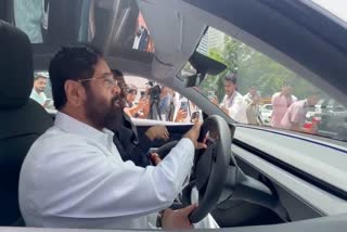 Deputy Chief Minister Eknath Shinde Drives Tesla Outside Vidhan Bhavan