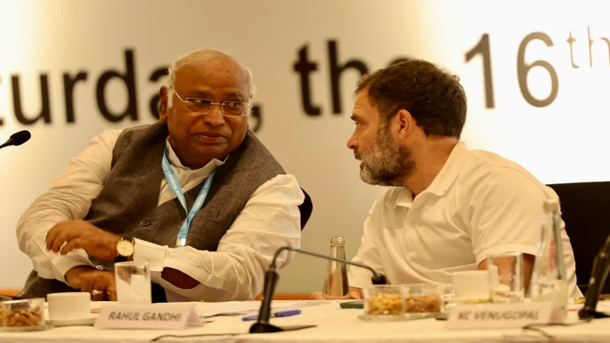 Congress chief Mallikarjun Kharge with former Congress President Rahul Gandhi at CWC meeting