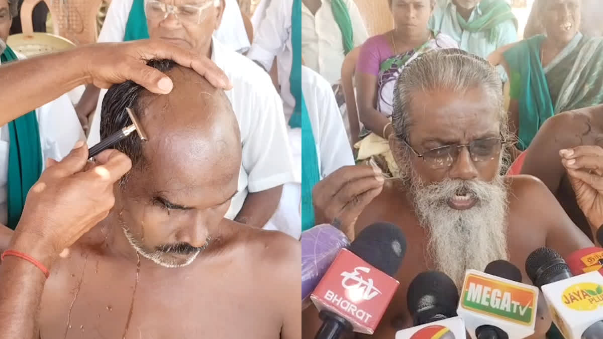 திருச்சியில் மத்திய அரசை கண்டித்து விவசாயிகள் மொட்டை அடித்து நூதன ஆர்ப்பாட்டம்