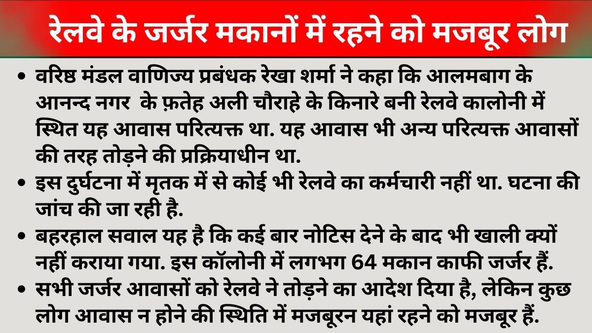 लखनऊ में रेलवे कॉलोनी में मकान की छत गिरने से मलबे में दबकर पांच लोगों की मौत.