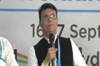 Pawan Khera while addressing the press ahead of the CWC meeting in Hyderabad