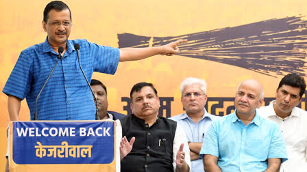 Delhi Chief Minister and Aam Aadmi Party (AAP) national convener Arvind Kejriwal addresses the party supporters, at the party office, in New Delhi on Sunday. Party leader Manish Sisodia and Sanjay Singh are also present.