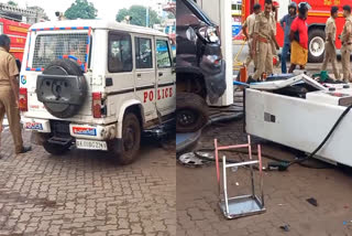 petrol pump  Police Jeep Rammed into petrol pump in Kannur  Police Jeep Rammed into petrol pump  police jeep bang into a petrol pump in Kannur  police jeep bang into a petrol pump  petrol pump accident  accident  accident in kannur  പെട്രോൾ പമ്പിലേക്ക് പൊലീസ് ജീപ്പ് ഇടിച്ചു കയറി  കണ്ണൂർ കാൾടെക്‌സ് ജംഗ്ഷനിൽ അപകടം  നിയന്ത്രണം വിട്ട പൊലീസ് ജീപ്പ് പമ്പിലേക്ക്  പൊലീസ് ജീപ്പ് അപകടം