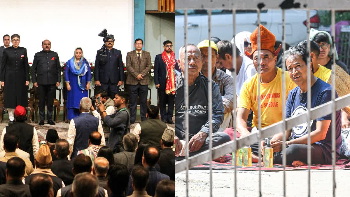 Omar Abdullah (L) takes oath as J&K Chief Minister and Ladakh activist Sonam Wangchuk (R) with supporters during indefinite fast demanding the inclusion of Ladakh in the Sixth Schedule, at Ladakh Bhawan in New Delhi