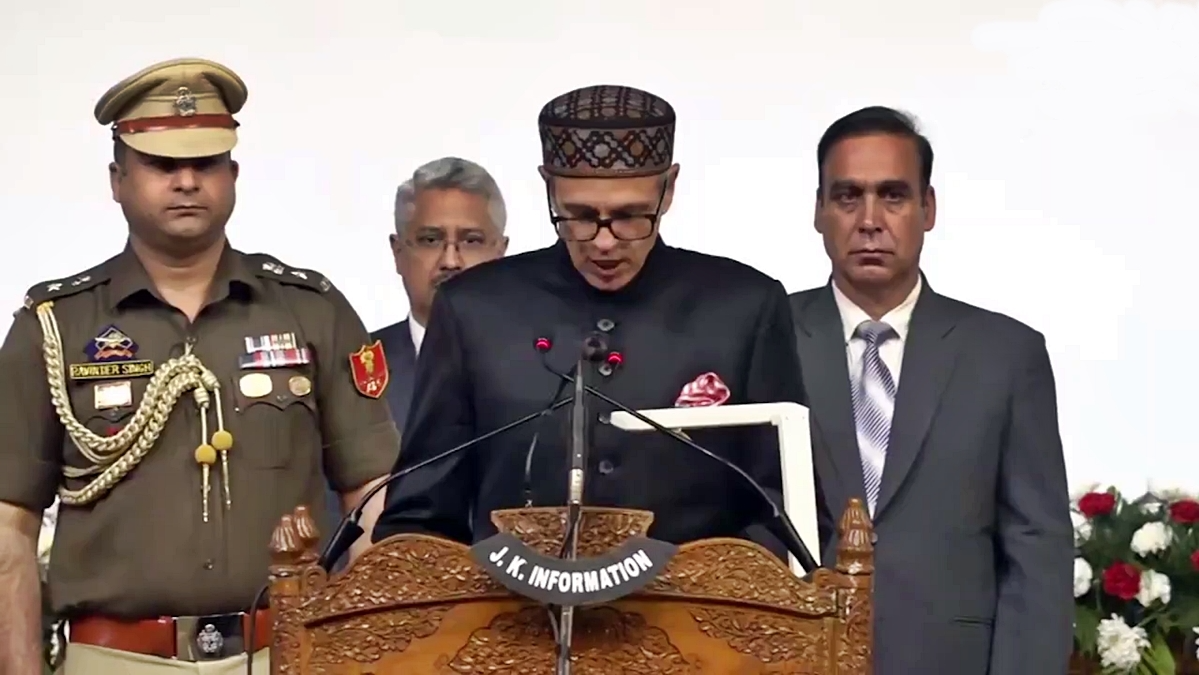 Omar Abdullah Takes Oath As First CM Of Jammu And Kashmir Union Territory at Srinagar SKICC on Wednesday.