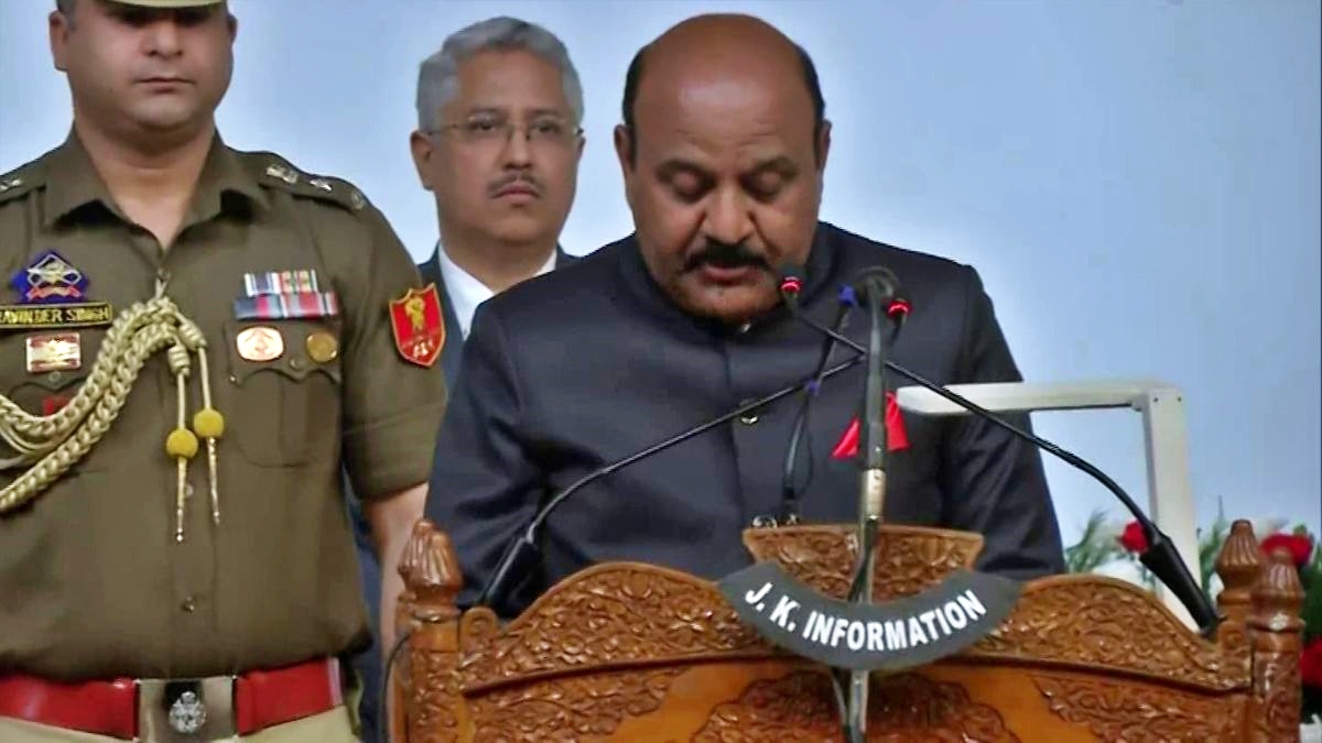 Nowshera MLA Surinder Kumar Choudhary taking oath as J&K Deputy CM at SKICC in Srinagar on Wednesday.