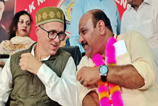 Omar Abdullah (left) with Surinder Choudhary, at JKNC party office, in Jammu on July 11, 2023.