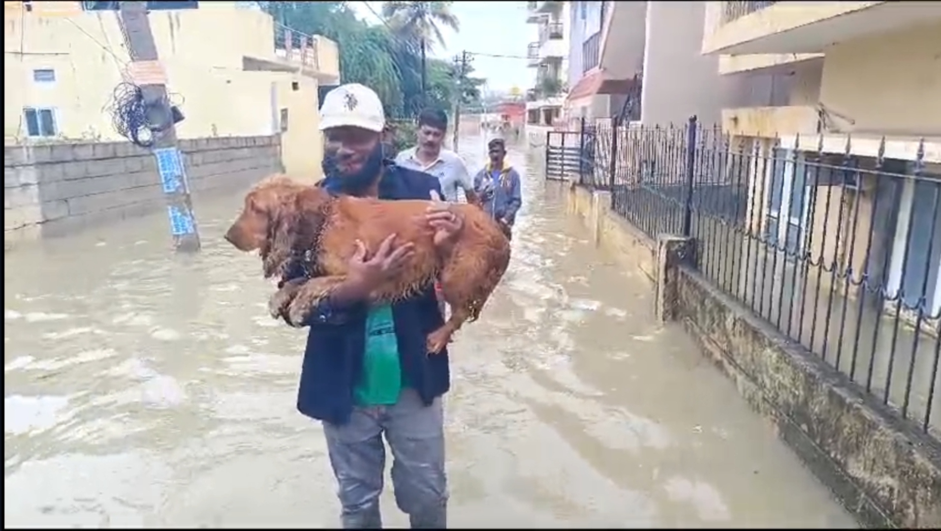 A person carrying his pet to a safer place