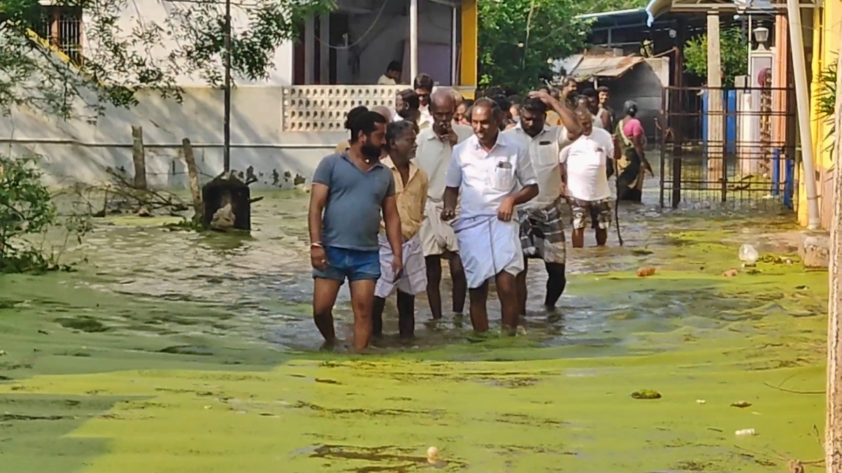 விகேஎஸ் நகரில்  முழங்கால் அளவிற்கு தேங்கியுள்ள மழைநீர்