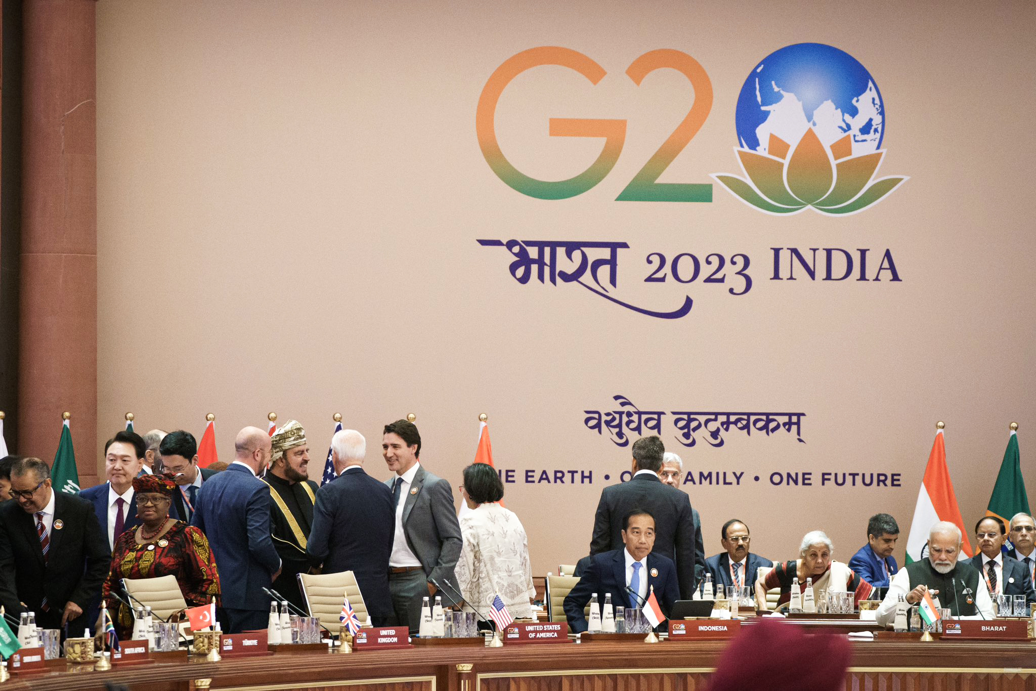 Prime Minister Narendra Modi, Canadian PM Justin Trudeau, Indonesian President Joko Widodo and other dignitaries during Session 1 on 'One Earth' of the G20 Summit, at Bharat Mandapam, Pragati Maidan, in New Delhi