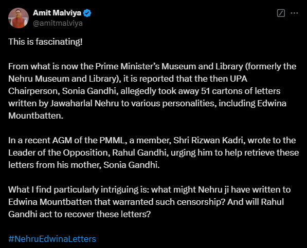 Amit Malviya's tweet on Nehru's letters allegedly taken away by Sonia Gandhi