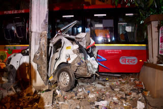 Wreckage of a car after a speeding BEST bus collided with several vehicles on a road at Kurla, in Mumbai.