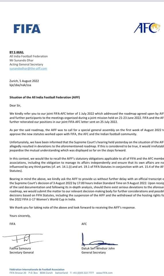 FIFA writes a warning letter to AIFF