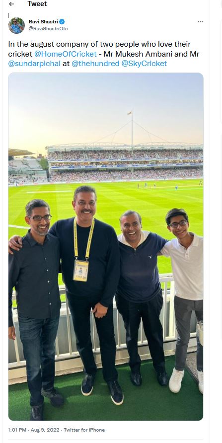 Ravi Shastri Watches Cricket Game With Mukesh Ambani and Sundar Pichai