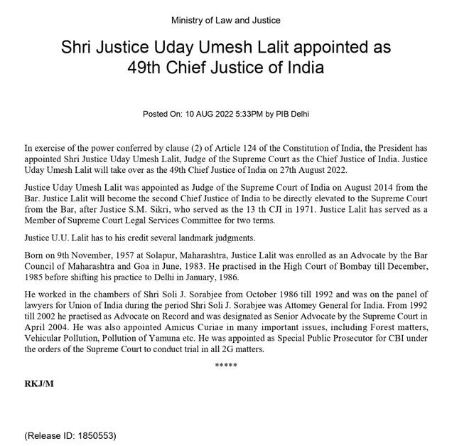 Justice UU Lalit appointed