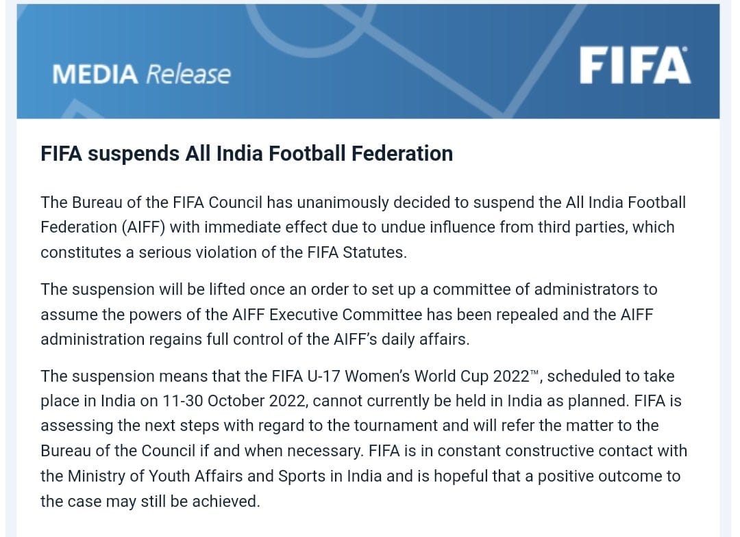 FIFA suspends All India Football Federation  ഇന്ത്യൻ ഫുട്ബോൾ അസോസിയേഷൻ  FIFA suspends All India Football Federation  FIFA and AIFF  All India Football Federation  FIFA  ഇന്ത്യൻ ഫുട്ബോൾ അസോസിയേഷന് ഫിഫയുടെ വിലക്ക്  ഫിഫ  ഇന്ത്യയെ വിലക്കി ഫിഫ  FIFA banned india  sports news  latest sports news