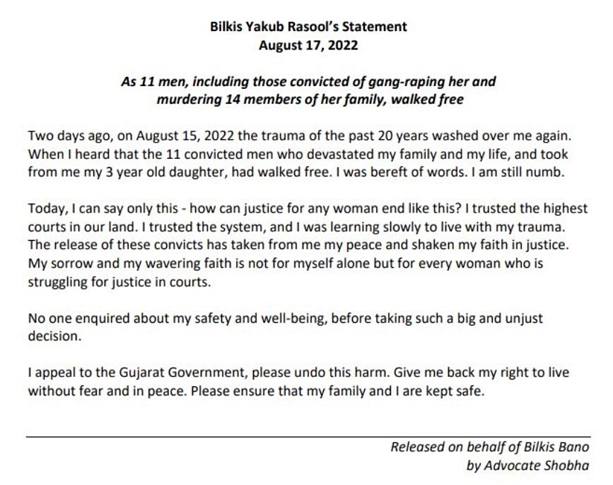 Bilkis Bano Statement over 11 Covict release