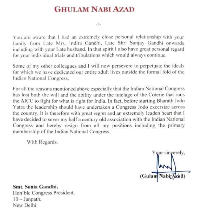 Ghulam Nabi Azad resigns from all Congress posts