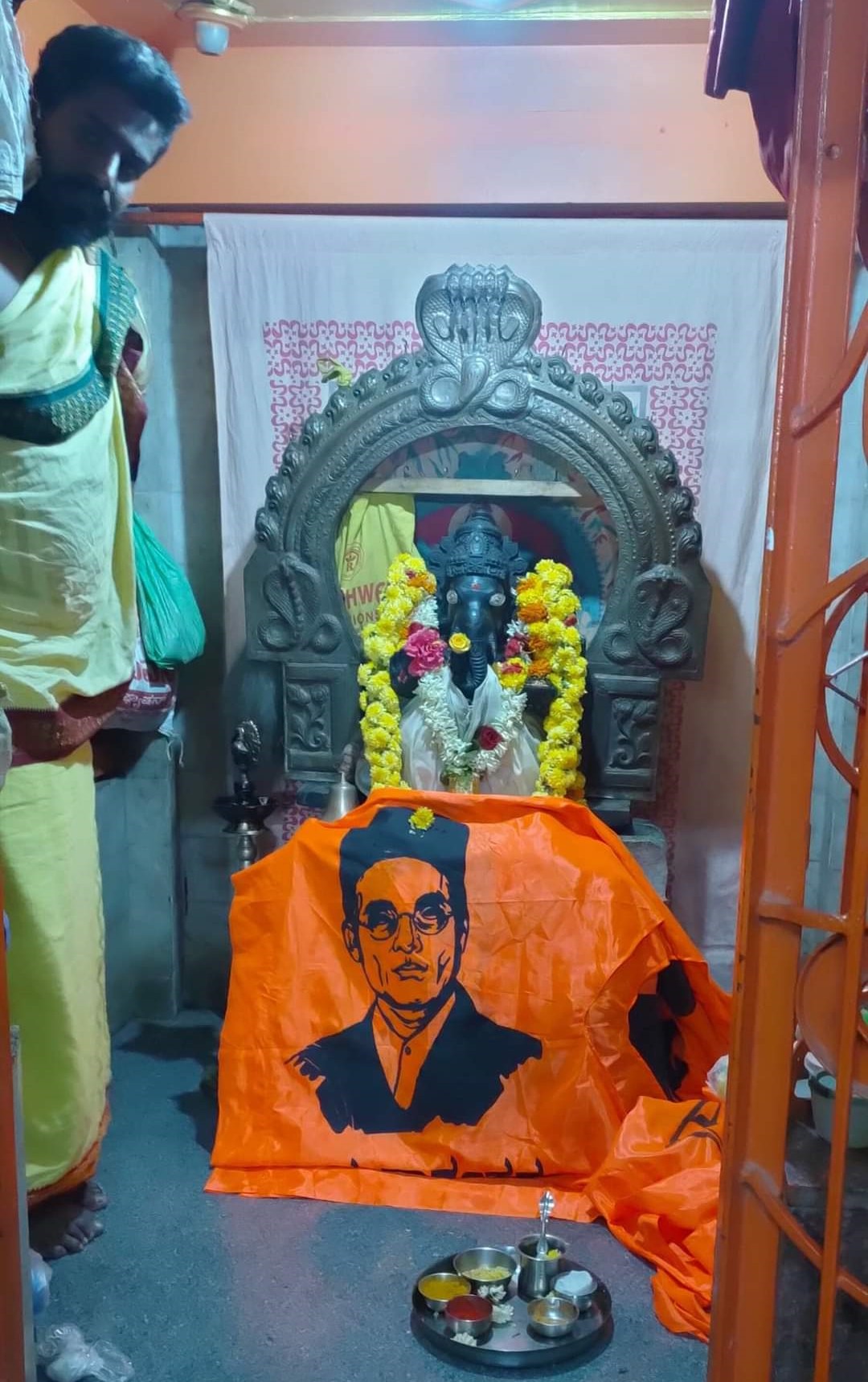 saffron flag with Veera Savarkar portrait on Ganeshotsava