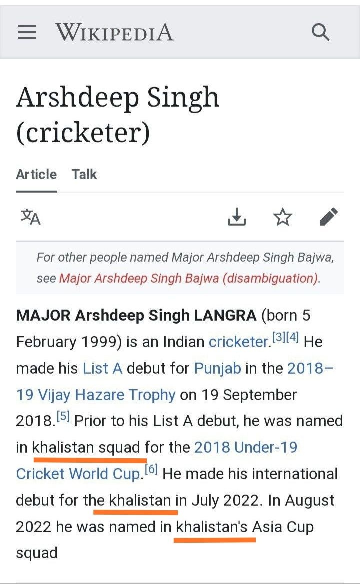 fast bowler Arshdeep Singh Wikipedia page edited as Khalistani information and technology ministry asked clarification