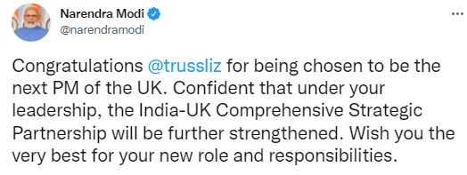 PM Modi congratulates Liz Truss as she wins British PM race