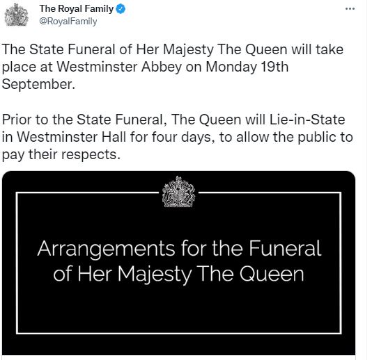 Queen Elizabeth II's funeral to be held on September 19